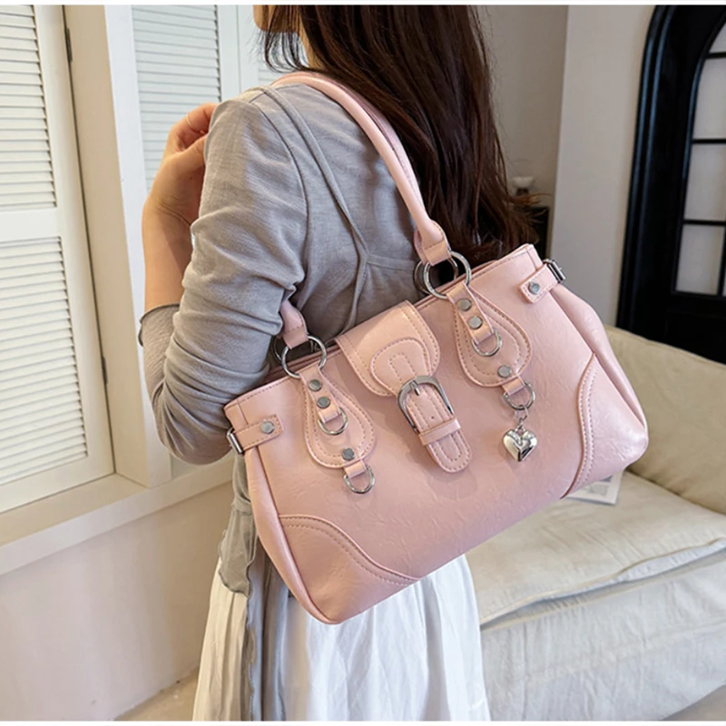 

French Retro Rivet Decorated Leather Tote Bag Zippered Large Capacity Shoulder Bag Sweet Casual Versatile Commuting Handbag New