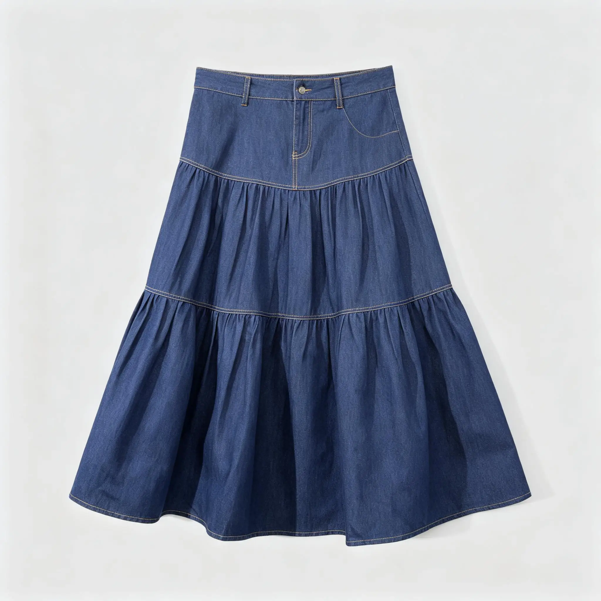 Dark Denim Tiered Midi Skirt With Belt Women Casual A-Line Long Skirt