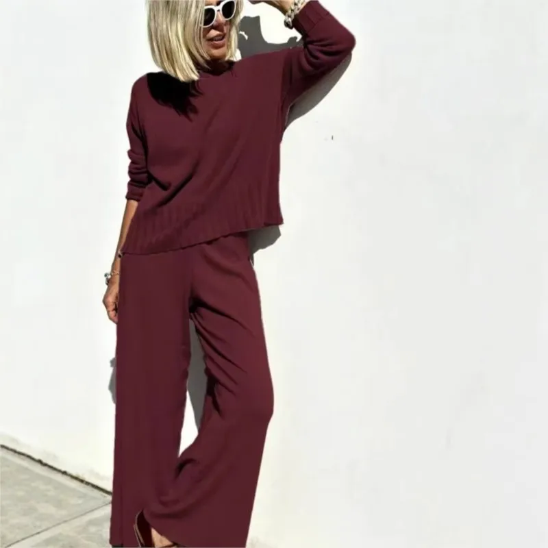 

Lazy Style Women 2 Piece Set Spring Autumn Loose Pullover Wideleg Pants Knitted Suit Casual Solid Color Simple Daily Lady Outfit