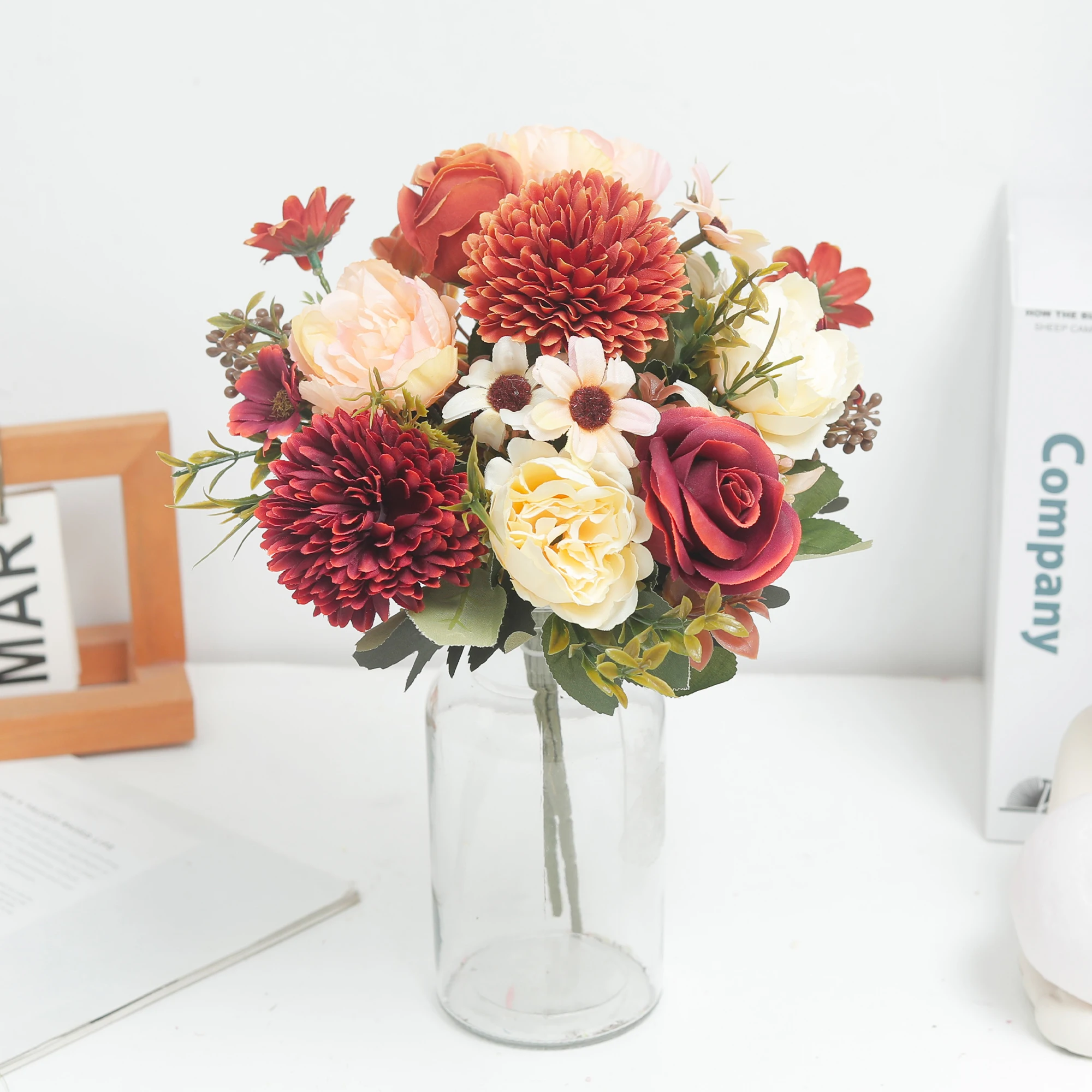 الزهور الاصطناعية الخريف الورود الحرير الفاوانيا الكوبية الإقحوانات ترتيبات الطاولة المنزلية ديكور الزفاف الزفاف زينة عيد الميلاد #5