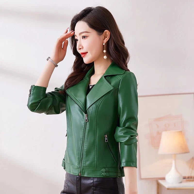 New Women Short Leather Coat Spring Autumn Fashion Suit Collar Zipper Fly Slim Moto Biker Jacket Split Leather Casual Outerwear