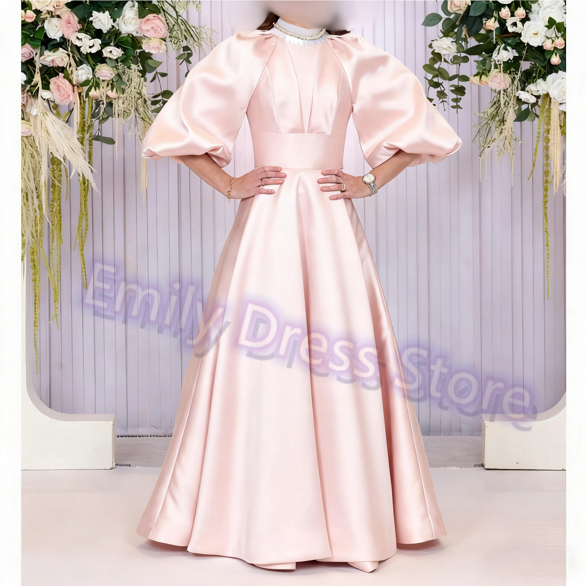 

Pink Evening Dress Women Elegant 3/4 Sleeves Satin High Neck With Pearls Bridal Formal Long Ball Gowns Bridesmaid Pageant Dress