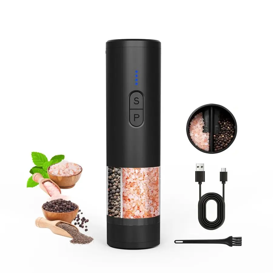 

Набор мельниц для соли и перца, 2 в 1, с двумя контейнерами, USB-зарядка, автоматическая перезаряжаемая мельница для соли и перца с LED-подсветкой.