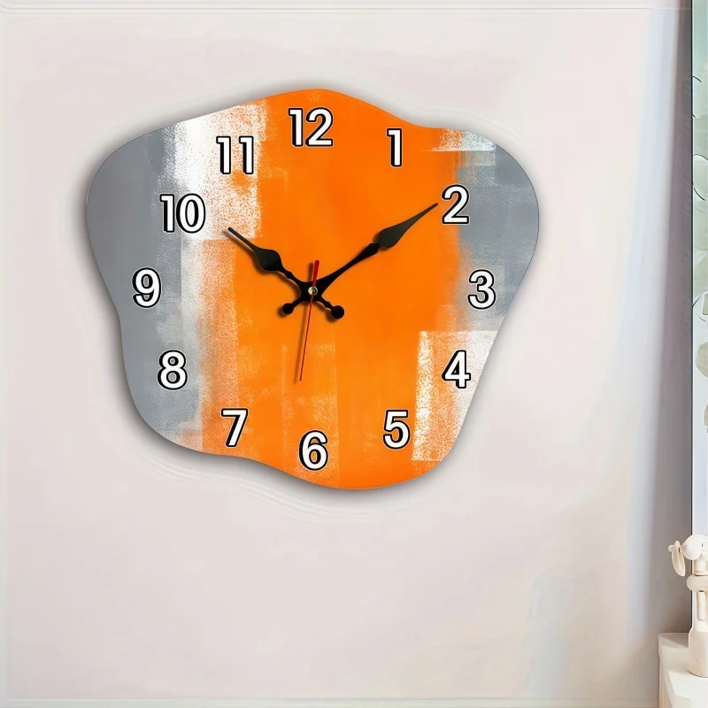 Image of Graue und orangefarbene abstrakte Kunst-Alien-Wanduhr aus Holz zum Aufhängen, geeignet für Wohnzimmer, Büro, Arbeitszimmer, Schlafzimmer, Heimdekoration