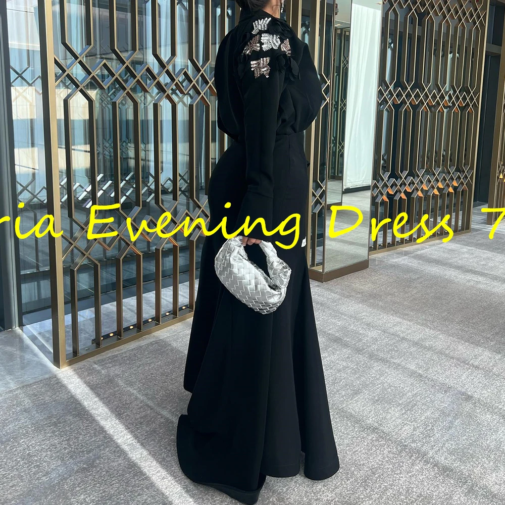 Customized Modern Straight Floor Length V-Neck Jersey Long Sleeves Crystal Evening Dress Classic Photo Color vestidos para mujer