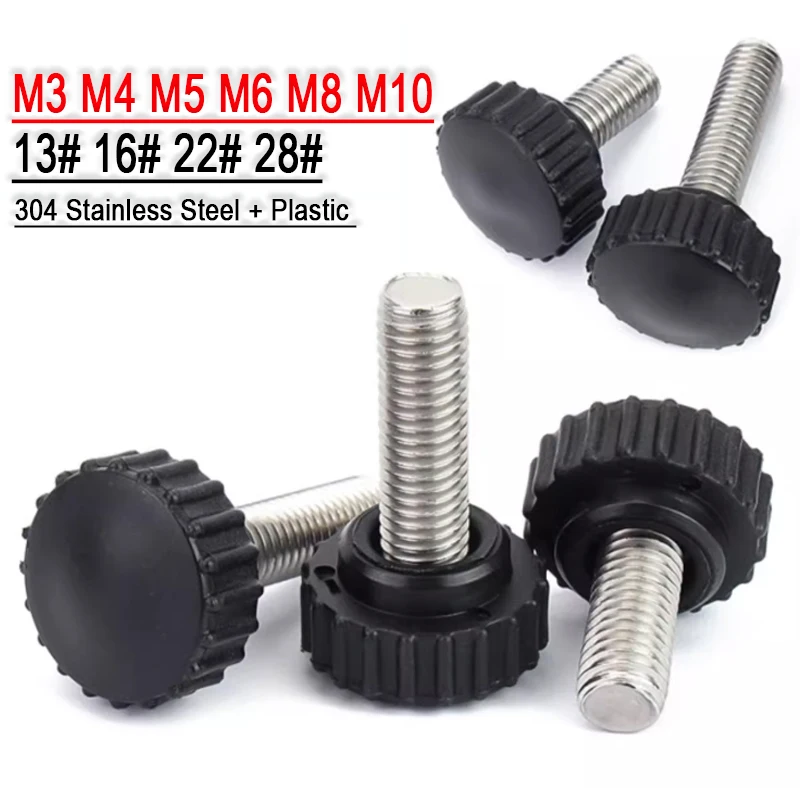 3/4/5/6/8/10mm 304 Stainless Steel Thumb Screws Black Plastic Knob 13# 16# 22# 28# Round Head Knurled Hand Grip Knob Bolt