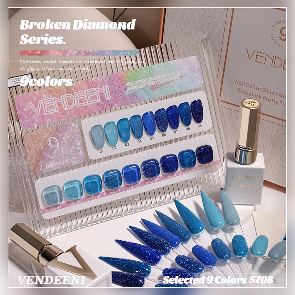 

Vendeeni 9 Colors/Set Blue Flash Broken Diamond Gel Nail Polish UV LED Soak Off Glitter Gel Varnish With Display TPO/HEMA FREE