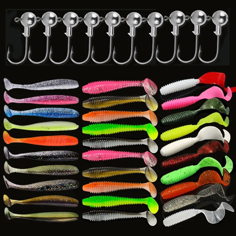 10pcs/30pcs Soft Fishing Lures Kit Silicone Lure Set Artificial Bait Worm with Crank Jig Head Hook