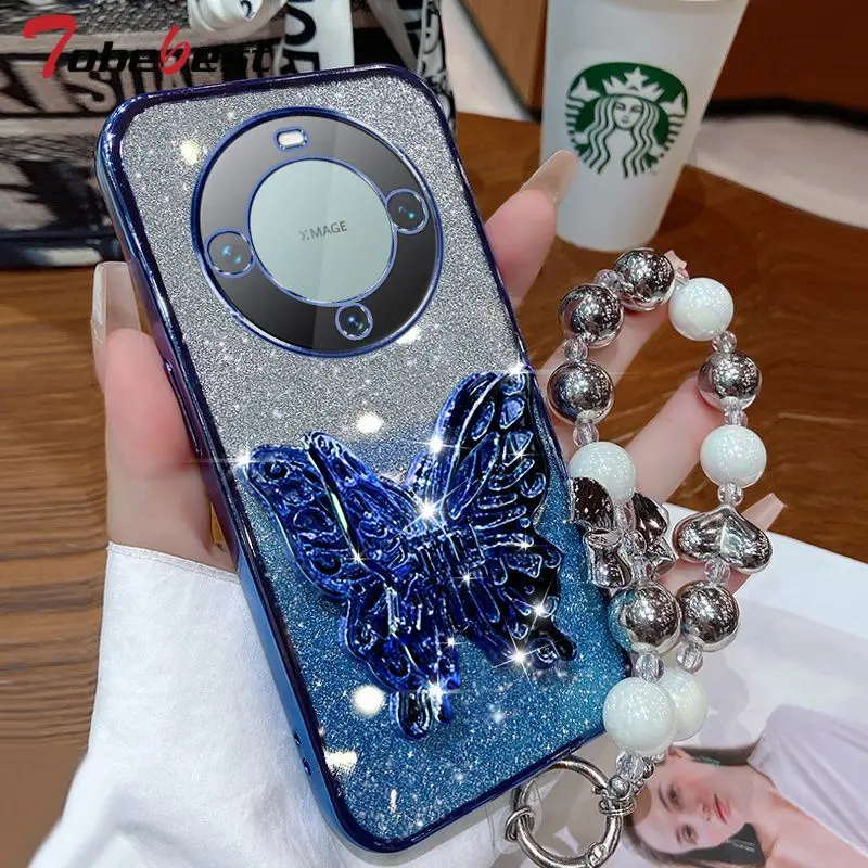 3D Butterfly Phone Holder Bead bracelet Glitter Plating Case for Huawei Mate 60 50 40 30 10 Pro Back Cover