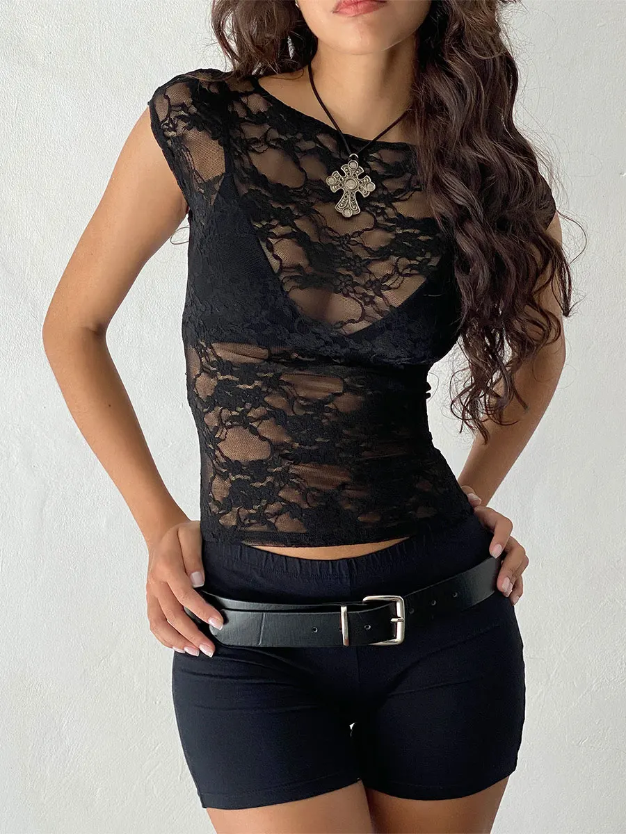 Sexy Women\'s Summer Lace Top Shirt Solid Chic Basic Flower Sheath Split Casual Slim Fit Round Neck Shortsleeve Top Streetwear