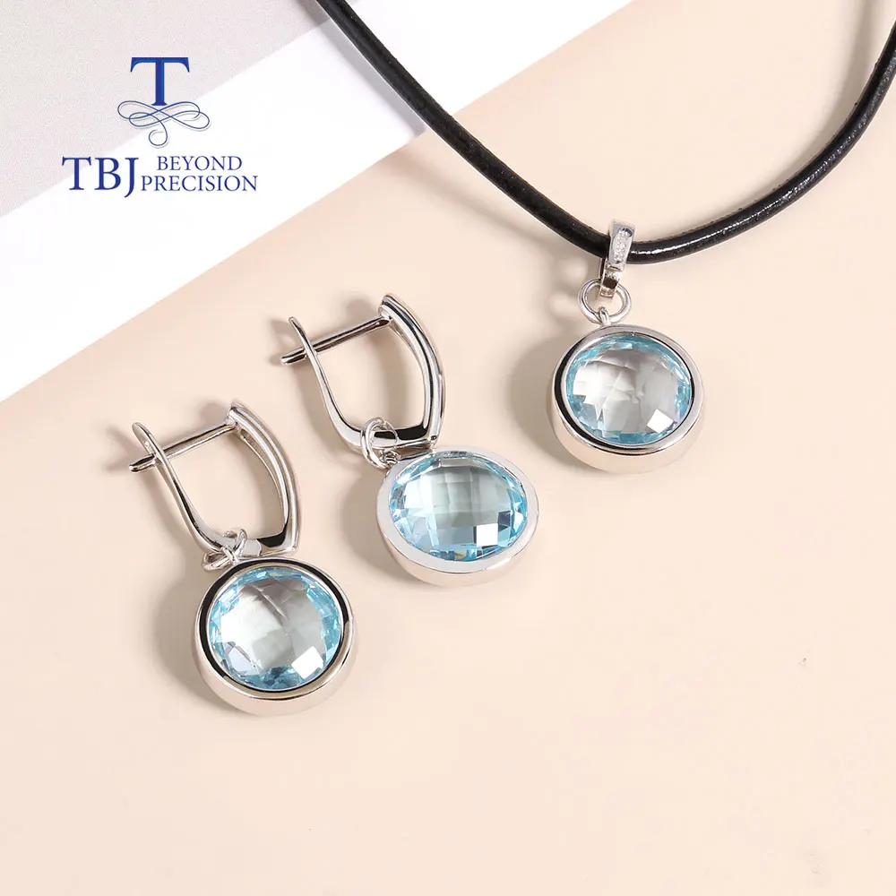 925 Silver Jewelry Set  RD 12mm Sky blue topaz briolette cut Natural Gems Fine JewelryNecklace Earring for women and girl gift