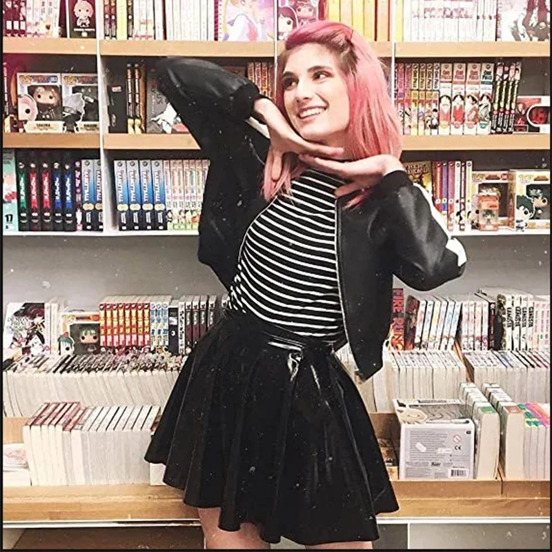 

Блестящая лакированная кожаная юбка трапециевидной формы для катания на коньках, женская готическая плиссированная юбка из ПВХ, женская мини-юбка из искусственного латекса с высокой талией, клубная одежда на заказ