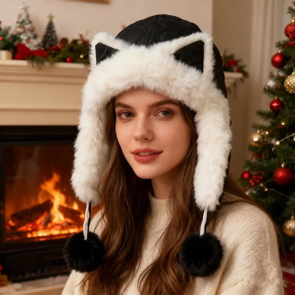 Lei Feng Hat Soft Plush Fox Ear Design Warm Imitation Rex Rabbit Fur Velvet Lined Adjustable Elastic Fit Riding Hat