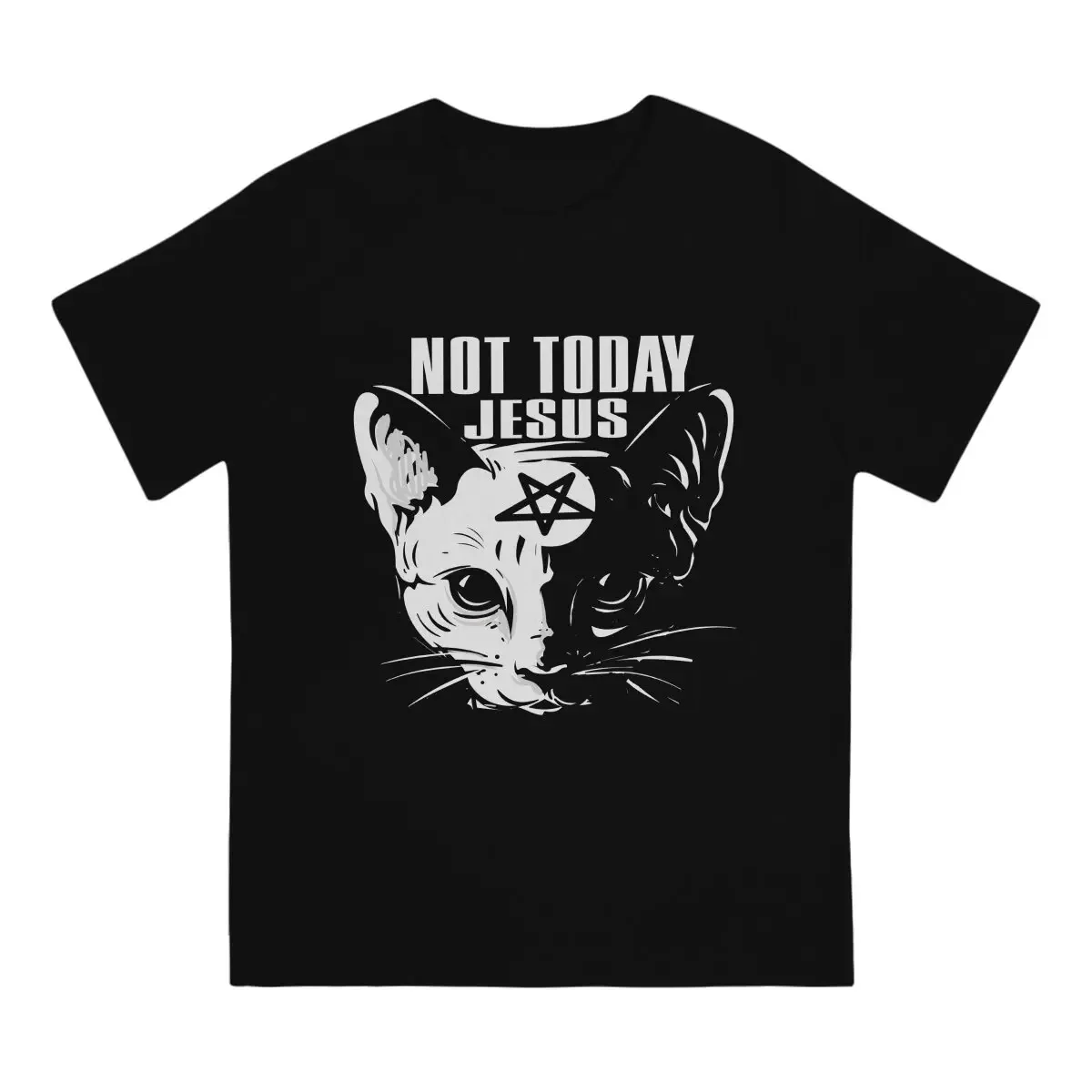 Harajuku Creative TShirt for Men Not Today Jesus Satanic Cat Round Neck Polyester T Shirt Distinctive Gift Clothes Tops