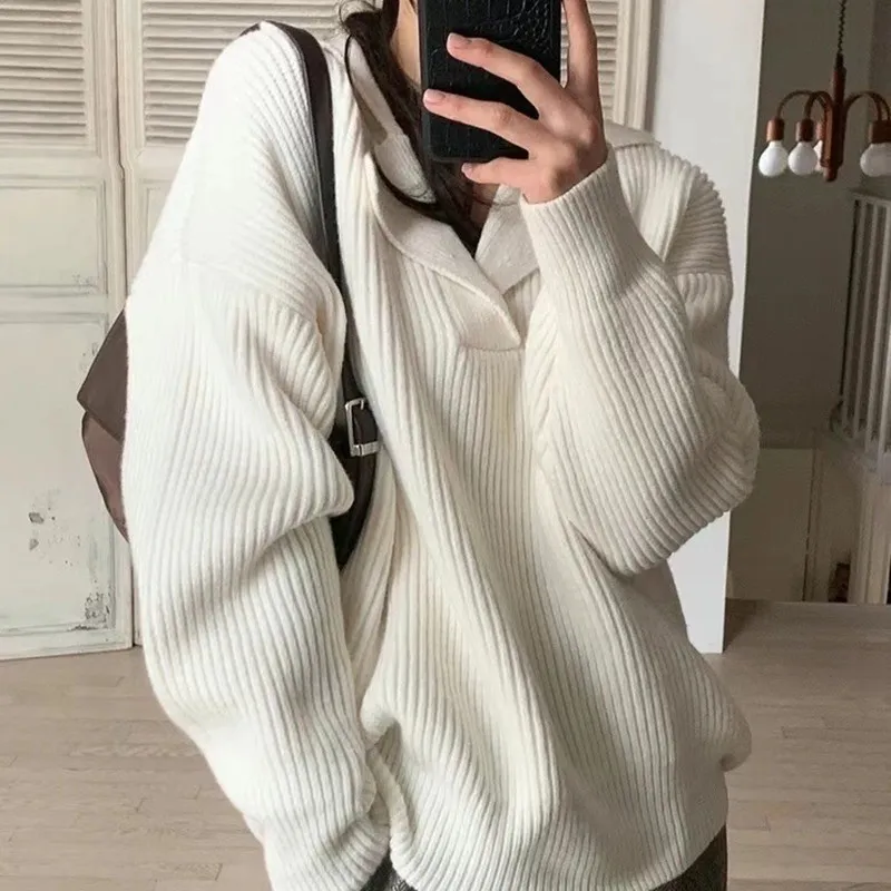 Women's Knitwear Sweaters Basic Warm Vintage Green Sweater Knitted Oversized Thick Loose White Pullover Jumper for Women 2024