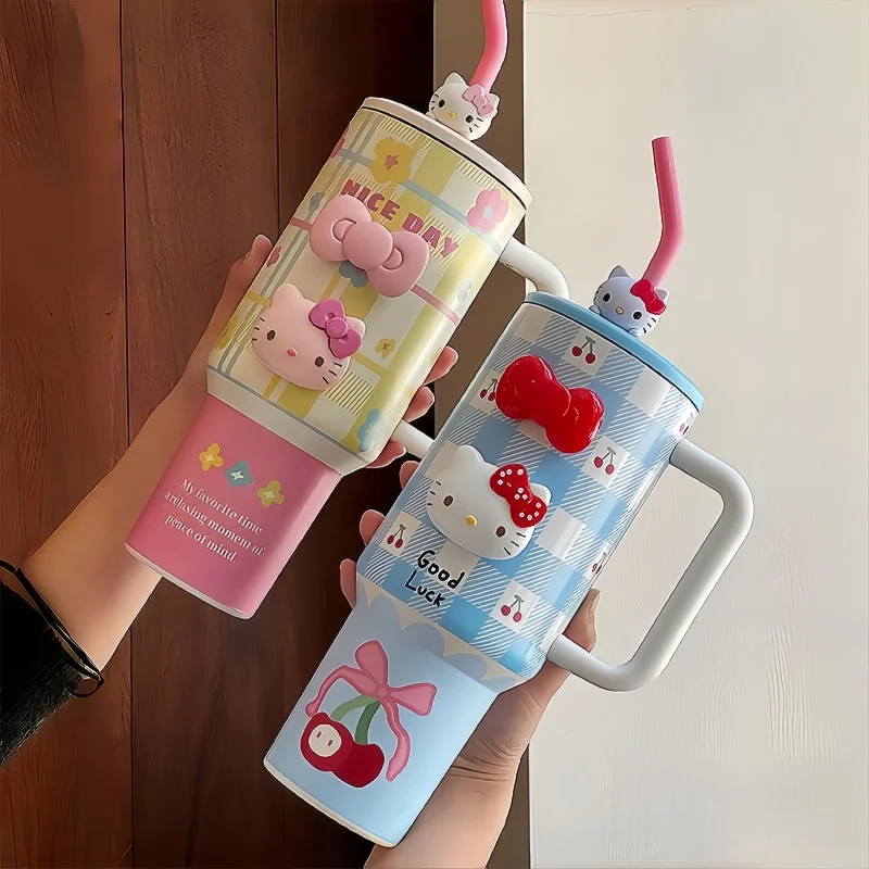 

New Hellokitty 304 Stainless 1200ml Insulated Cup Pink Blue Grid Coffee Cup Cold And Hot Tumbler Thermo Water Bottle Mug Gift