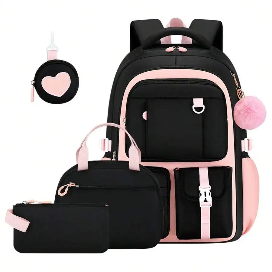 4PCS Heart-Shaped School Backpack Set With Handbag Pouch Embroidery, BagBack-To-School Backpack, Lightweight High-Capacity Book