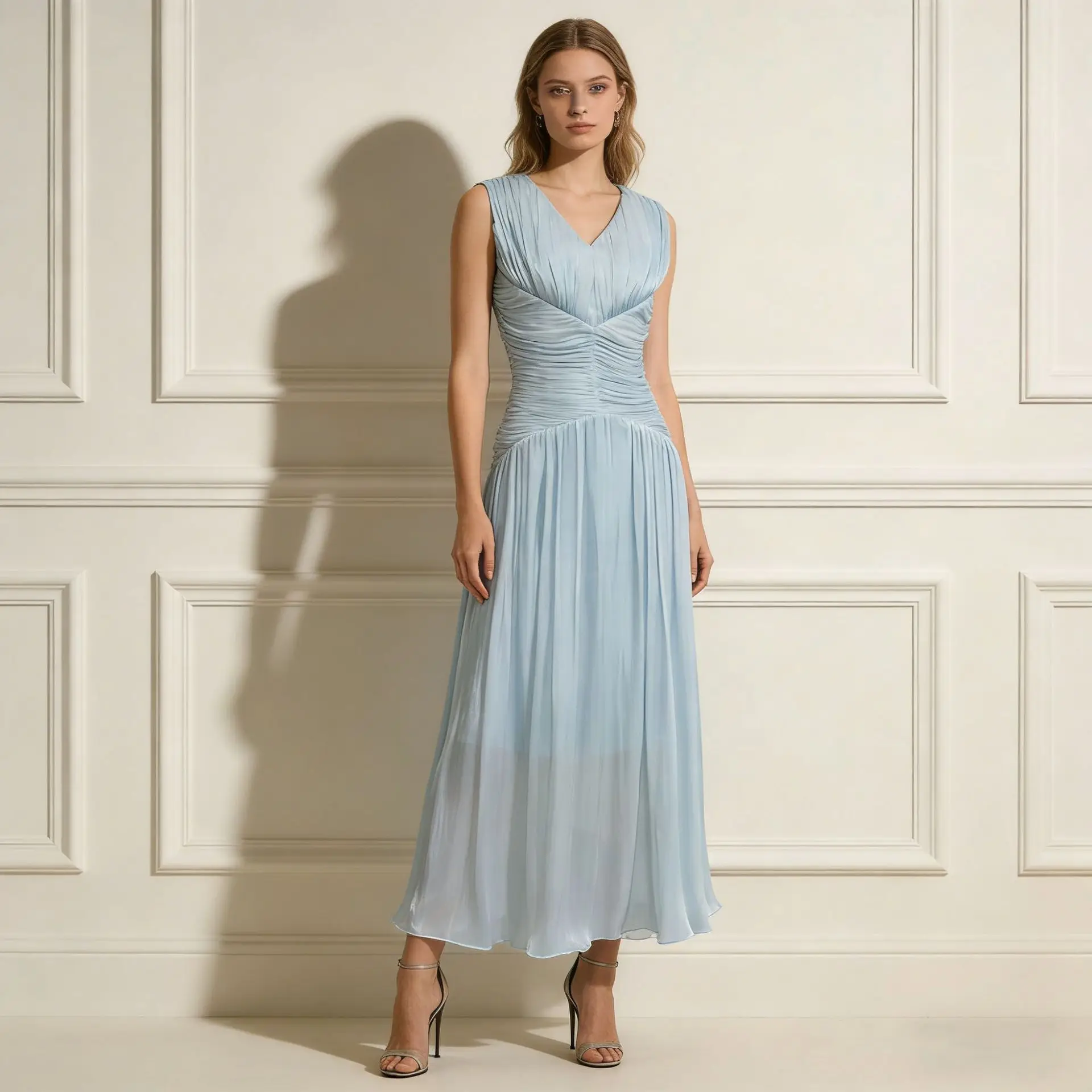 

High Quality Mesh Wrinkle Big Swing Dresses Spring Women Sleeveless V-neck Zipper Long Dress High Waist Casual Knee-length Dress