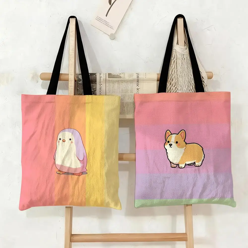 

Cute Kawaii DOG CAT Storage Bags Canvas Tote Bag Large Capacity Double-Sided Print Reusable Shopping Bag Shoulder Bag
