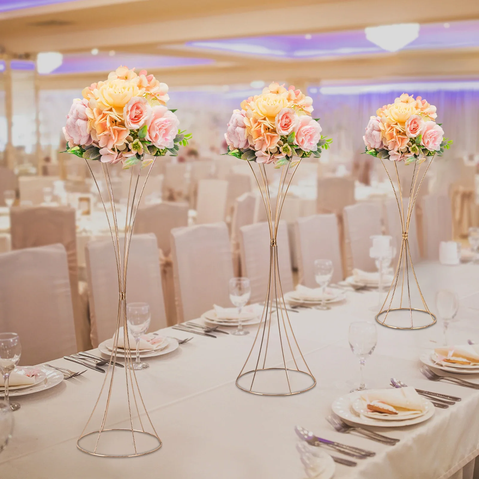 

Elegant Gold Table Centerpiece Flower Stand Set of 3 - Modern Hourglass-Shaped Iron Floor Vases - Versatile Wedding Aisle Decor