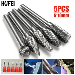 5Pcs Double Groove Rotary File 6×10mm Grinding Head Tungsten Carbide Burr Milling Cutter Drill Bit Set Finishing Metal Mould