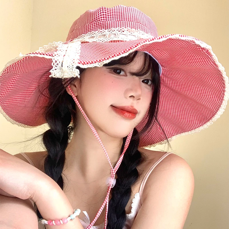 

Japanese Plaid Lace Bow Decorative Bucket Hat Women's Spring Summer Outdoor Shading Big Brim Vacation Foldable Lace-up Sun Cap