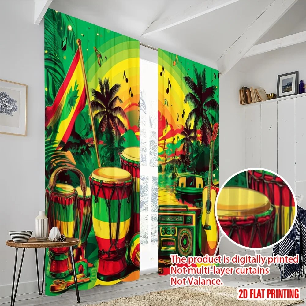 Reggae Music Theme Blackout Curtains - Jamaica Flag Guitar Palm Tree Graphic Window Drapes for Living Room Bedroom Decor