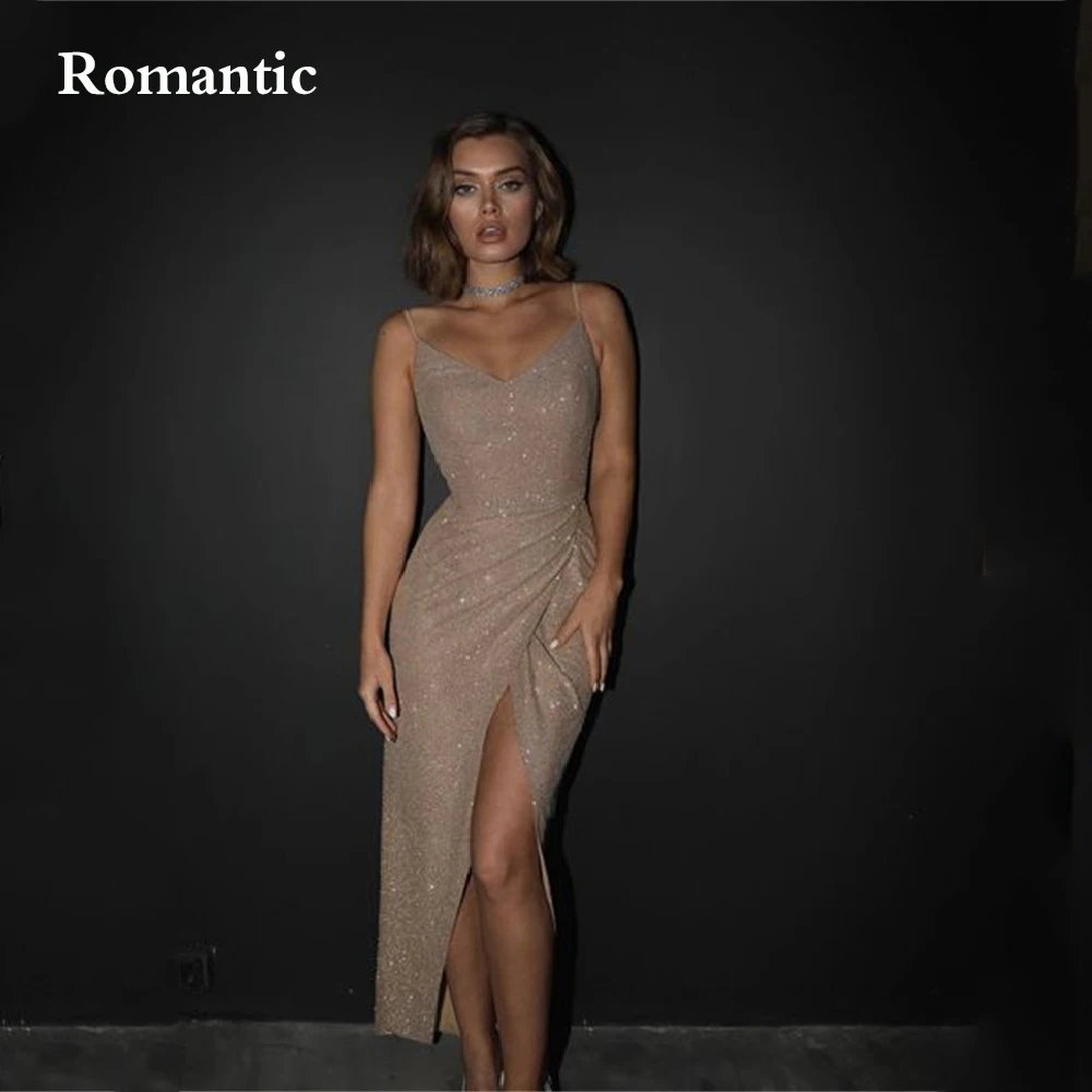 Romantische Exquisite Abendkleid Glitter V Neck Schatz Side High Sil Party Kleid Spaghetti Gurt Formalen Prom Kleider Für Frauen