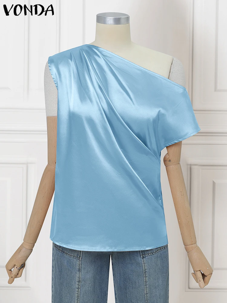 VONDA Elegant Summer Office Lady Blouse Women Satin Silk Shirts 2025 Off Shoulder Solid Tunic Tops Short Sleeve Pleated Blusas