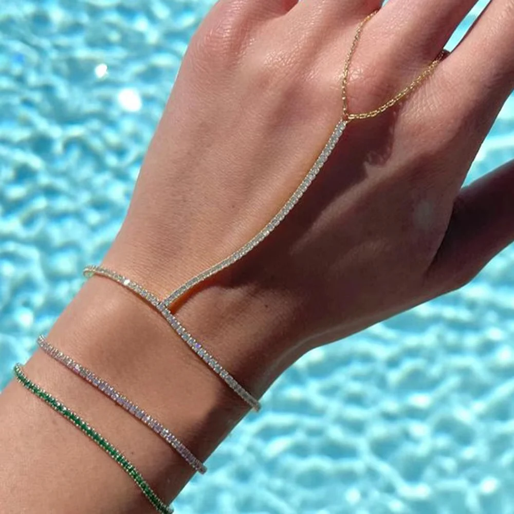 Dainty Rhinestone Finger Ring Bracelet Minimalist Crystal Hand Chain Slave Bangle Clubwear Sparkly Wrist Link Rave Jewelry