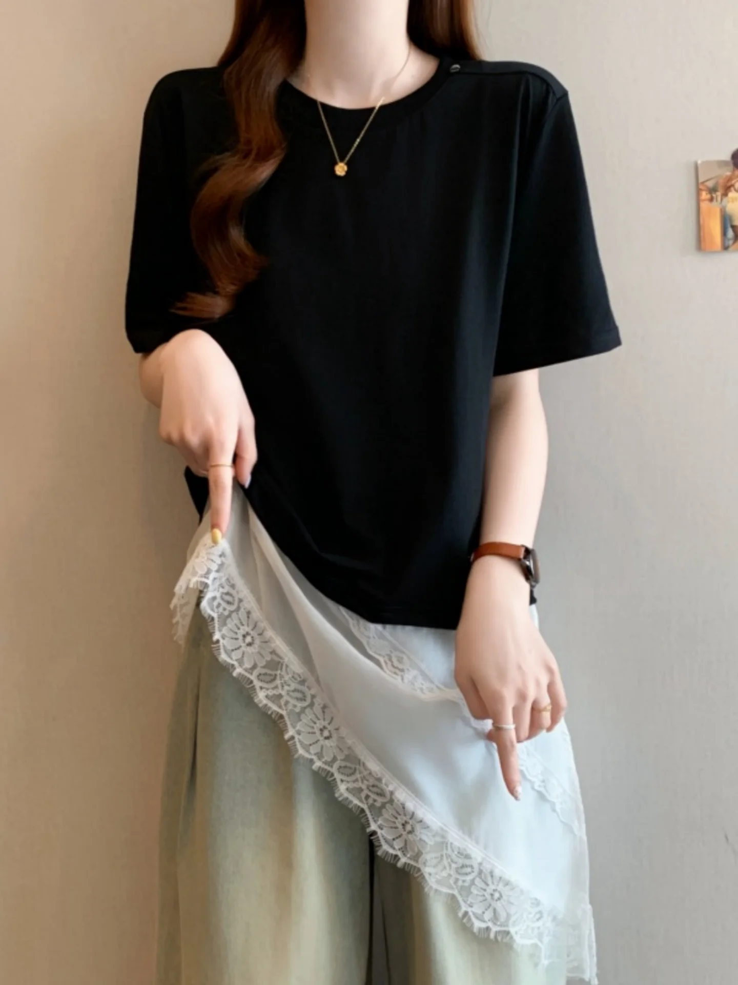 Irregular Lace Splicing Short Sleeve T-Shirt Women's Summer Base Shirt plus Size Fat MM Mid-Length Butt Covering Top