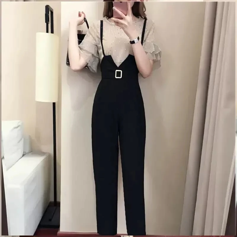 Overalls Women Outfit Spring Summer Fashion New Korean Jumpsuit 2PCS Office Ladies Straight Black Suit Thin Rompers Pants Sets