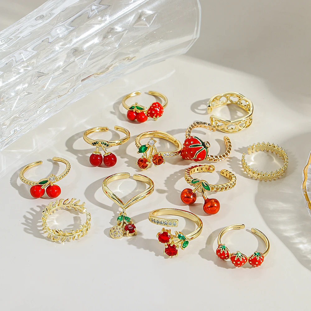AENSOA Summer Strawberry Cherry Pattern Cuff Ring Various Advanced Oil Drop Stainless Steel Plated Gold Women's Jewelry Gifts