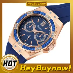 Conjunto de diamantes de lujo para mujer, de tres ojos reloj de cuarzo, informal, de silicona, resistente al agua, esfera grande, para club nocturno