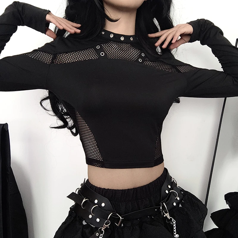 CIBBAR Gothic Black Crop Top Chic See Through Mesh Patchwork Full Sleeve Skinny Basic T-shirt Women Punk Style Stitched T Shirts