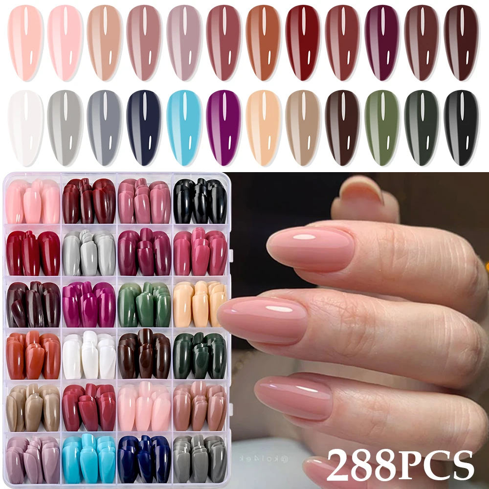 

288 шт., однотонные глянцевые миндалевидные накладные ногти, 24 цвета, телесный, красный, зеленый, пресс на накладные ногти, полное покрытие, длинные миндалевидные накладные ногти