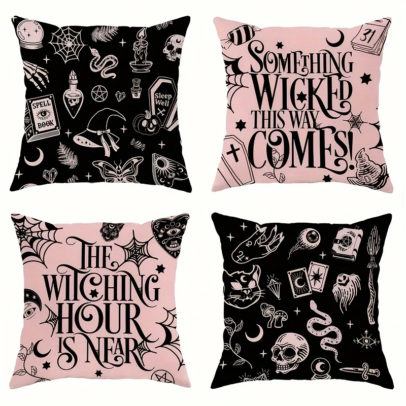 

4 шт., готические наволочки на Хэллоуин-винтажные фланелевые наволочки с черепом и котом на молнии для домашнего декора
