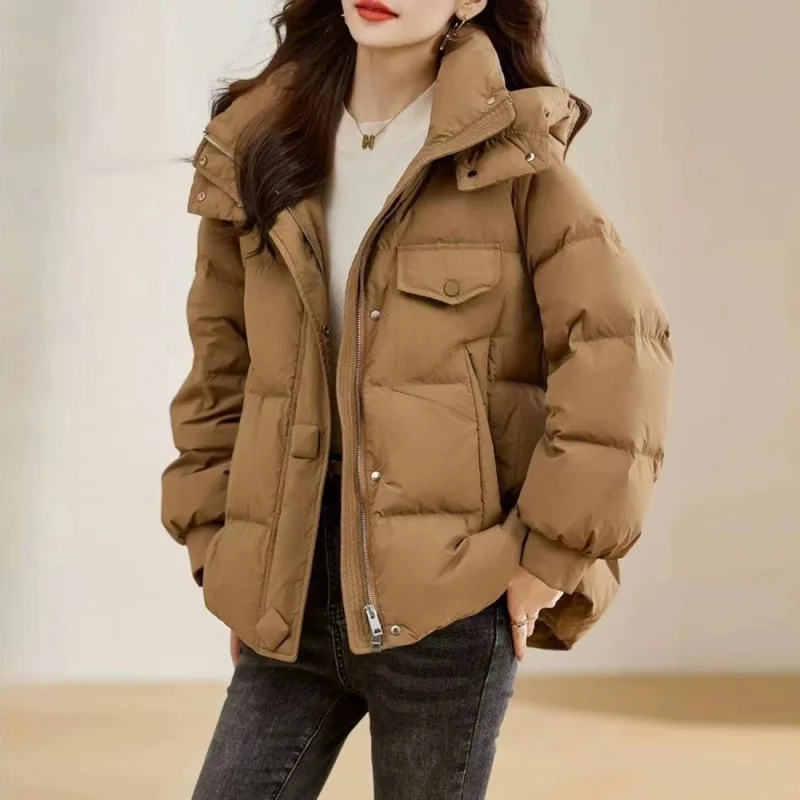 Veste chaude à capuche en coton pour femme, couleur unie, épaisse, de haute qualité, à la mode, Slim, Style pain court, hiver 2025