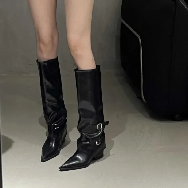

Designer Women's Boots Spring Cosy Pointed Toe Woman Shoes Fashion Sexy Knee-High Boots for Women Belt Buckle Thick Heel Boots