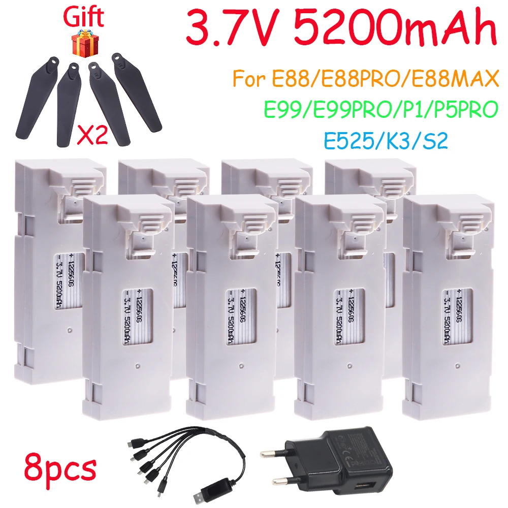 RC Drone bateria acessório para Mini UAV, peças especiais para E88, E88PRO, LS-E525, E525PRO, K3, P1, S2 carregador, 3.7V, 5200mAh
