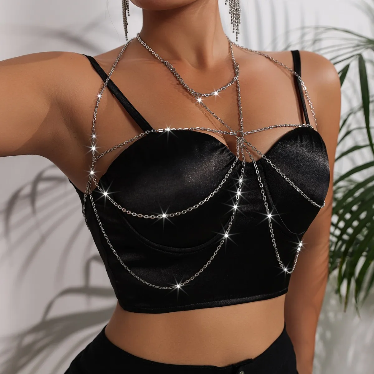 

Women's Layered Metal Chain Body Jewelry Bra Chest Chain Halterneck Backless Crop Top Necklace for Nightclub Raves Party