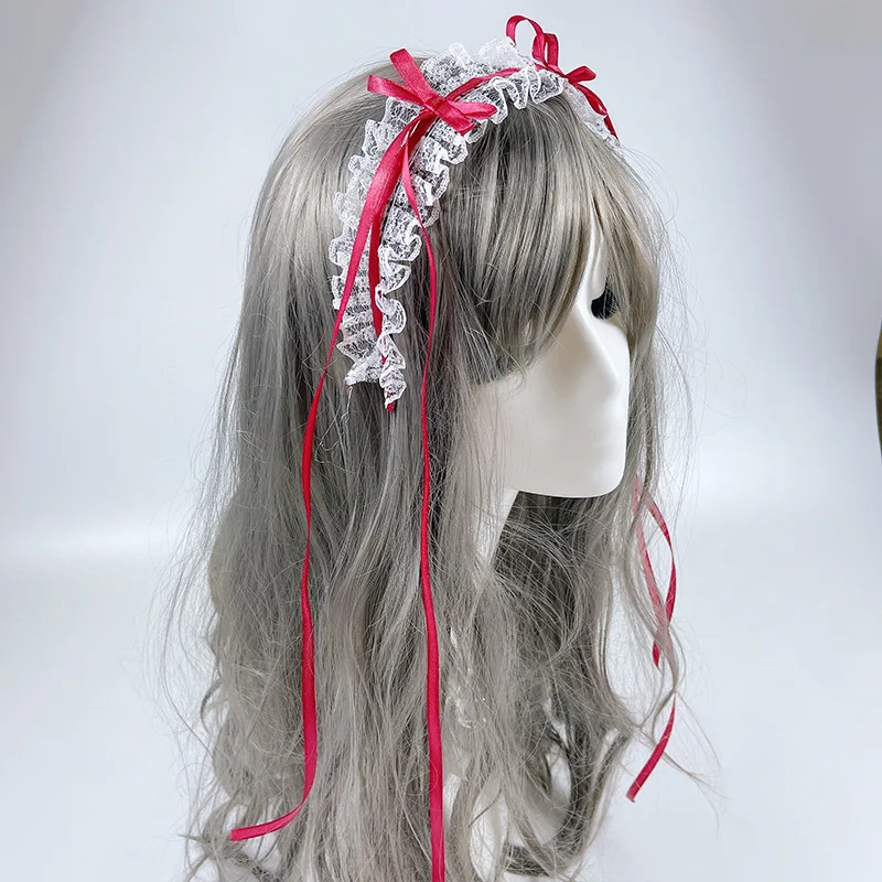 Accesorios para el cabello de Lolita, diademas de encaje de Lolita, diademas de cosplay de sirvienta, accesorios de anime, negro y rosa