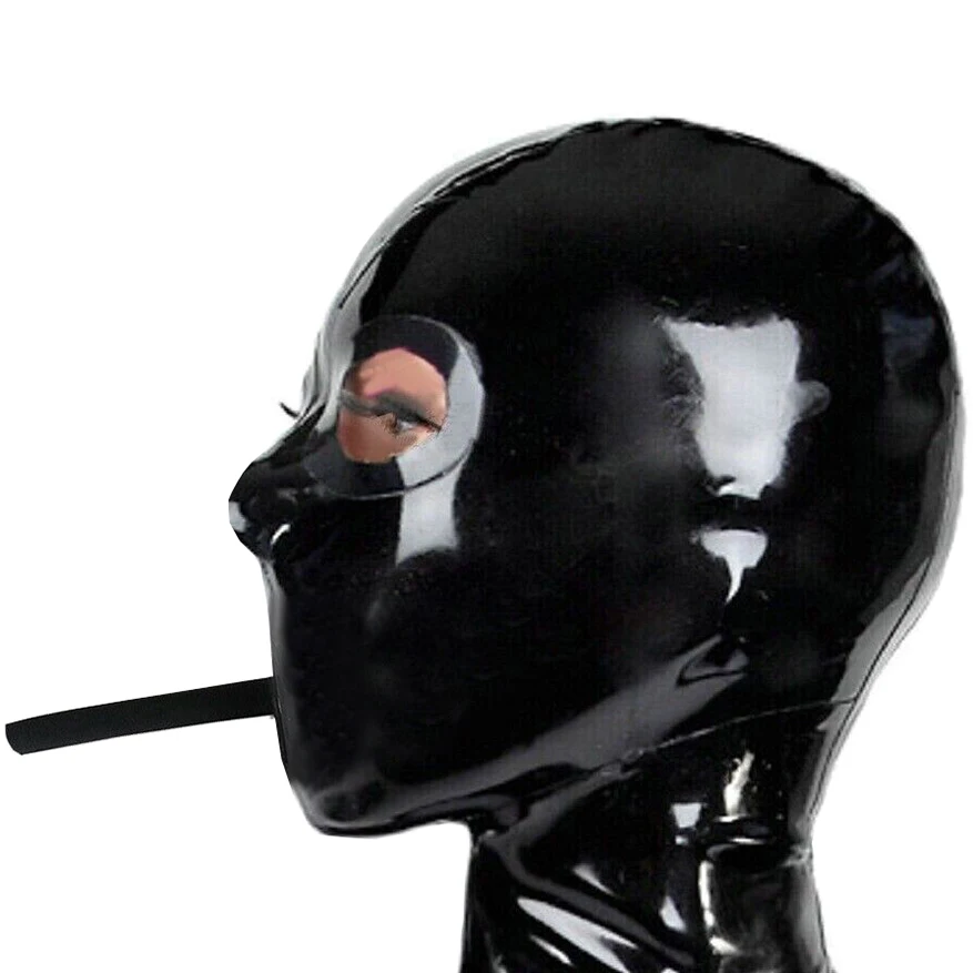 

Women Men Latex Rubber Mask with Mouth Breathing Tube Cosplay Hood Back Zip Handmade Headpiece RLM277