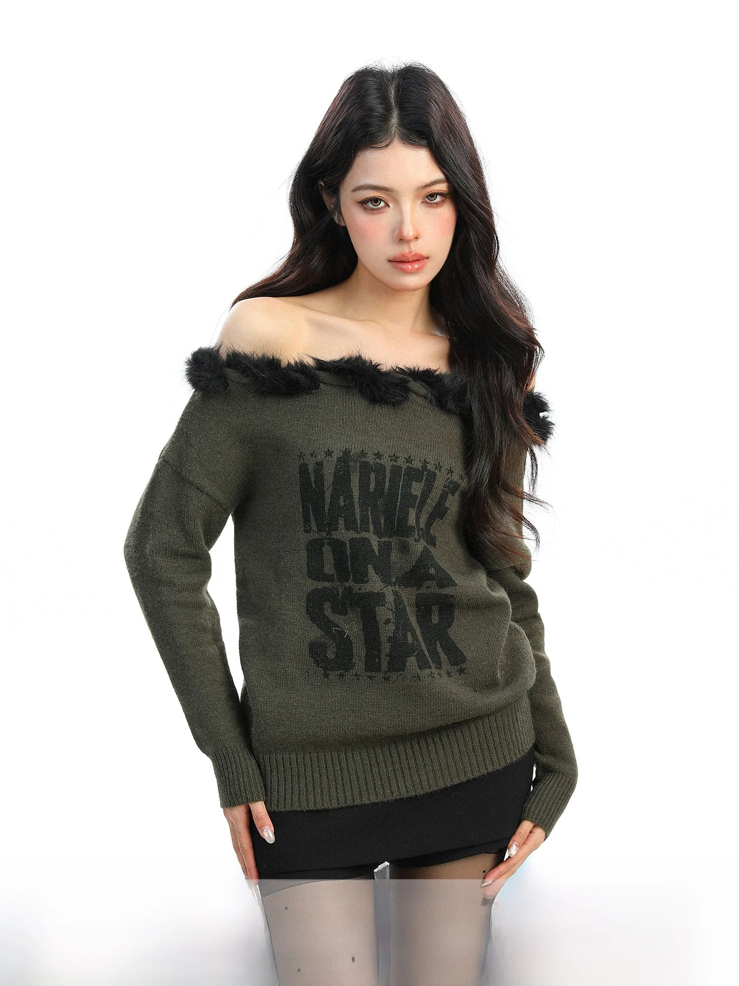 

Женский свитер Spicy Girl с надписью, осенне-зимний, свободный, мягкий, с открытым плечом, вязаный, с длинным рукавом, повседневный топ