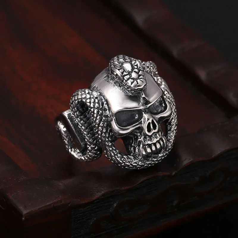 S925 sterling silver fashion ring wholesale vintage Thai silver personality skull snake adjustable open ring for men