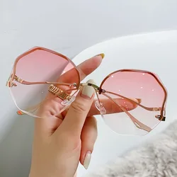 Fashion polygon frameless cut edge sunglasses for women, metal curved leg retro street photos sunglasses 415 glasses: no box