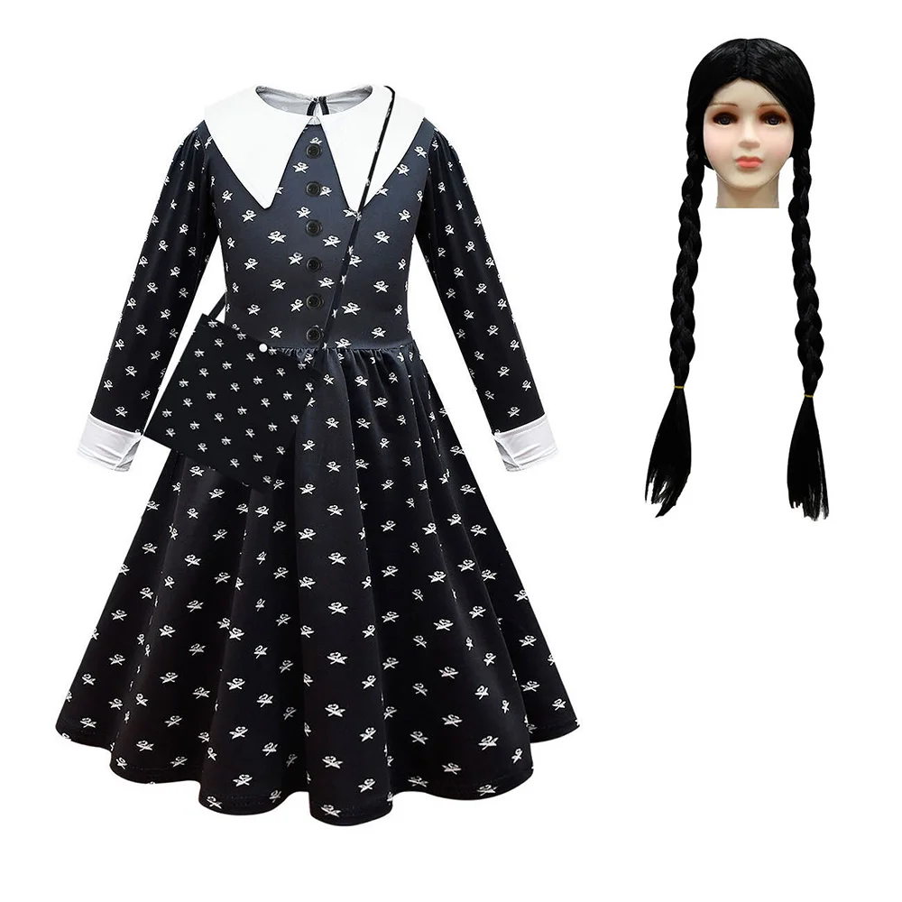 Costume de cosplay de mercredi pour enfants, robe pour enfants, tenues de perruque, Halloween, fête de carnaval, trempé