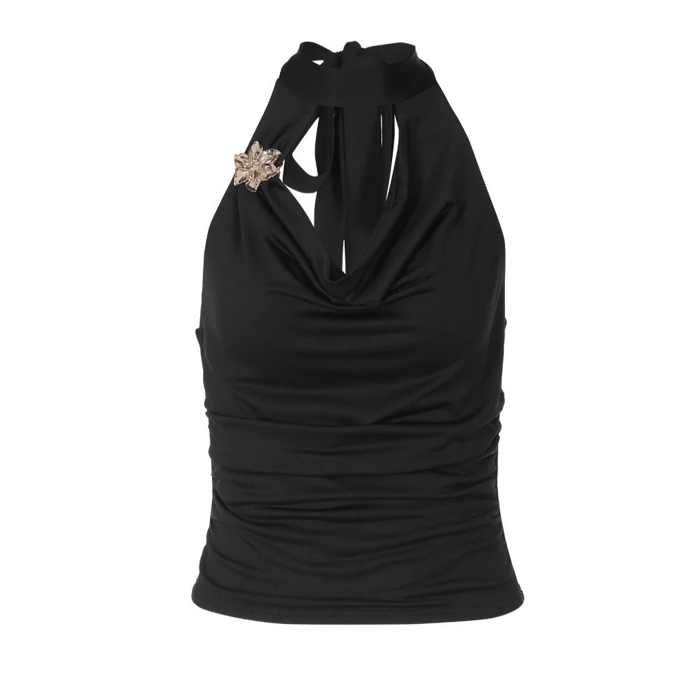 Simple Sleeveless Slim Crop Top Deep V Pleated Lace-up Camisole Beach Wear Y2k Hanging Neck Top Casual Wear