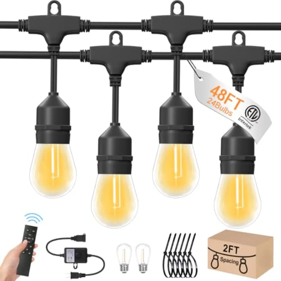 48Feet Outdoor String Lights with Remote and Dimmer, 24+2 Commercial Grade IP65 Waterproof Bulbs, 2700K Warm White, 3 Lighting