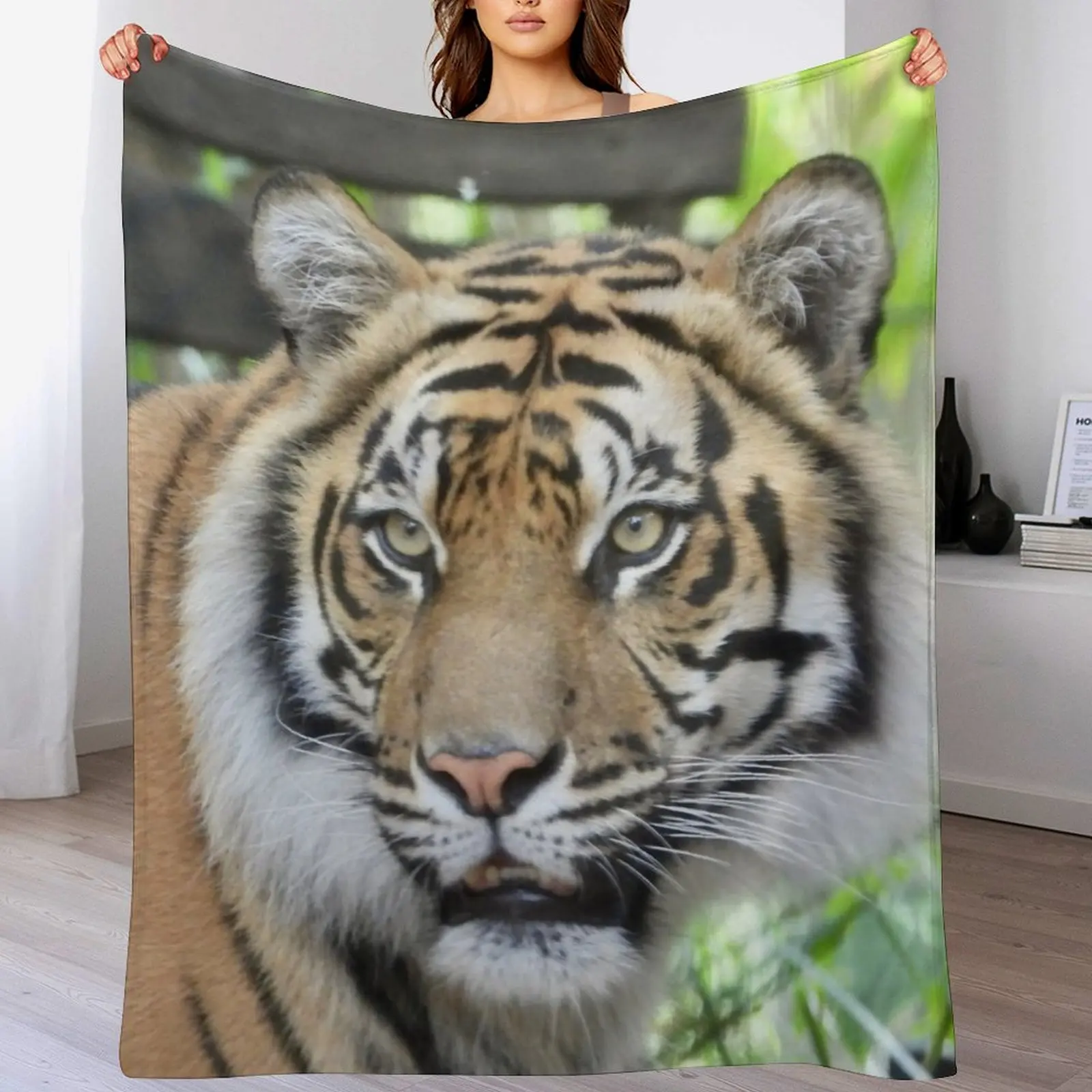 

Sumatran Tiger face at Zoo Throw Blanket Soft Plush Plaid Luxury Brand Blankets